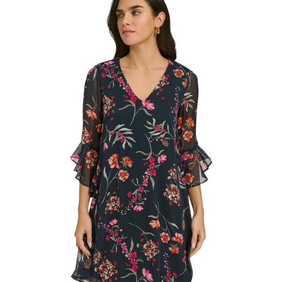 Calvin Klein Dresses & Skirts - Calvin Klein Navy Floral romantic sheer flutter sleeved Dress size 10